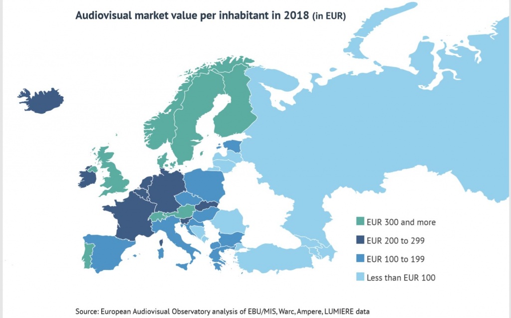 Рыночная стоимость аудиовизуальной продукции на одного жителя в 2018 году (в евро). Источник - Европейская аудиовизуальная обсерватория